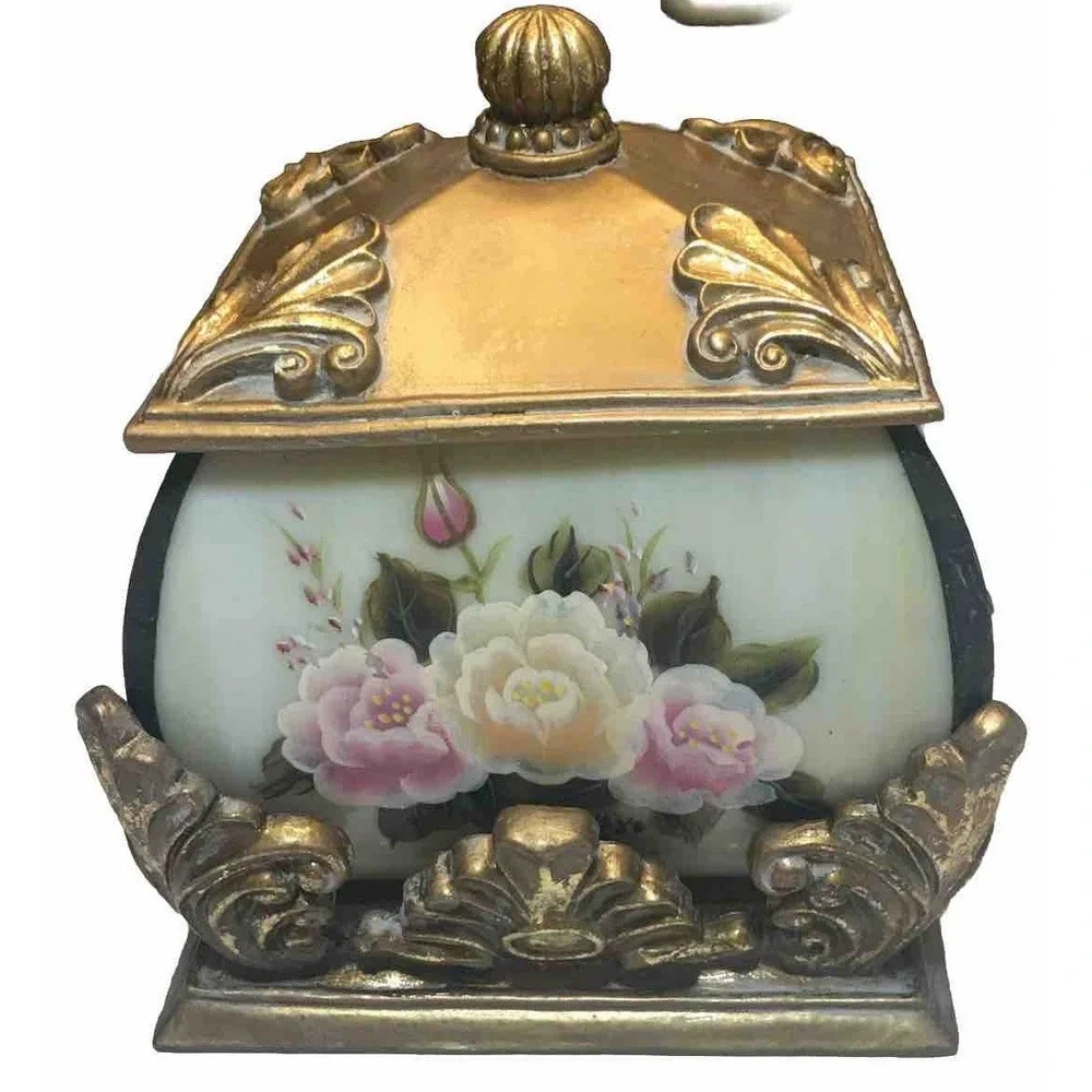 VTG Storage Box Or Tea Lite Holder With Handpainted Roses Cottage Shabby Chic